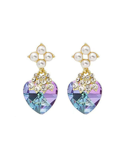 Purple Sterling Silver Inlaid Zircon Crystal Pearl Love Drop Earrings