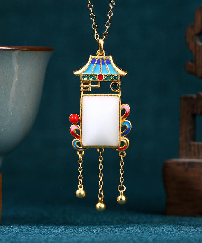 Blue Copper Overgild Jade Agate Pagoda Tassel Pendant Necklace