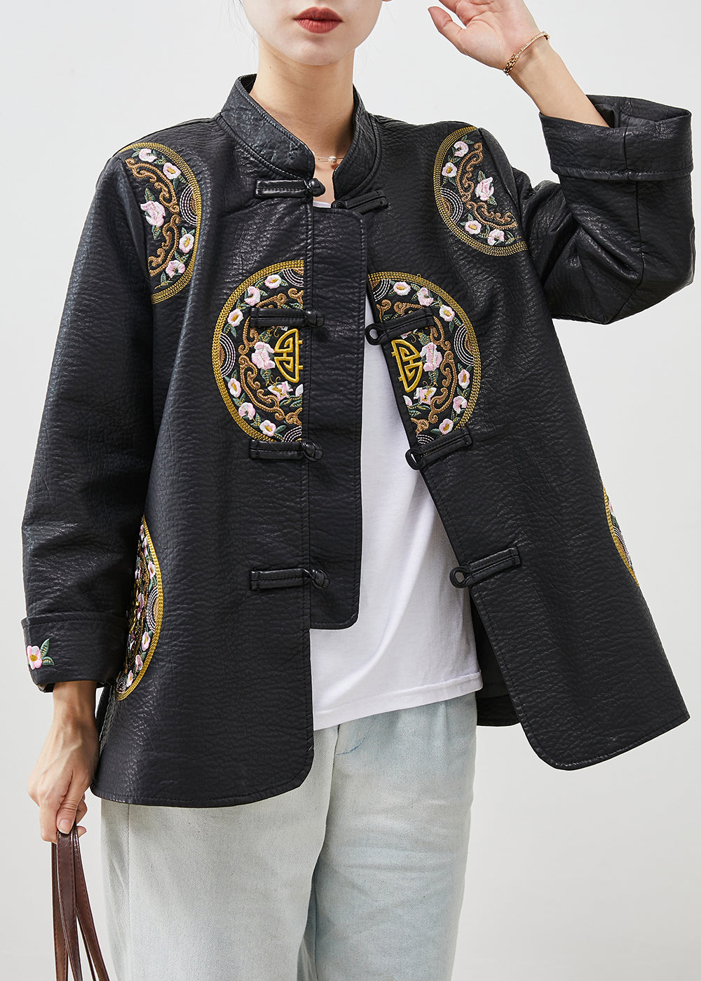 Black Embroideried Chinese Button Faux Leather Coat Spring