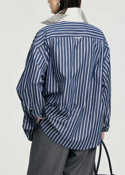 Blue Striped Patchwork Button Top Long Sleeve