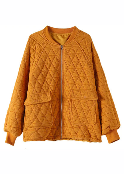 Modern Yellow O-neck Pockets Plaid Patchwork Fleece Coat Fall
