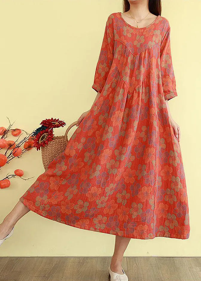 Orange Oversized Print Cotton Long Dress Bracelet Sleeve