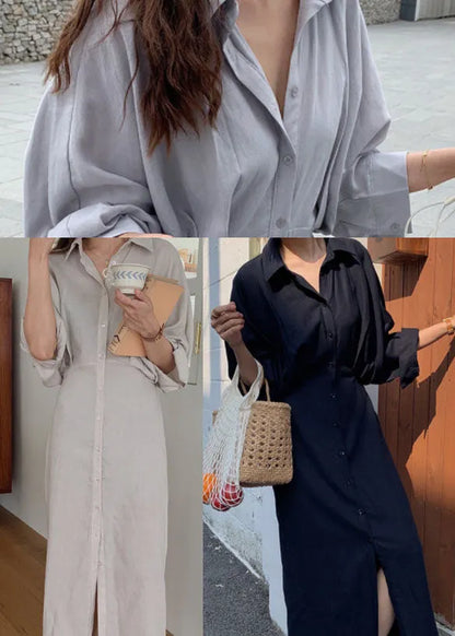 Handmade Light Chocolate Bat Wing Sleeve Patchwork Cotton Shirt Dress Long Sleeve