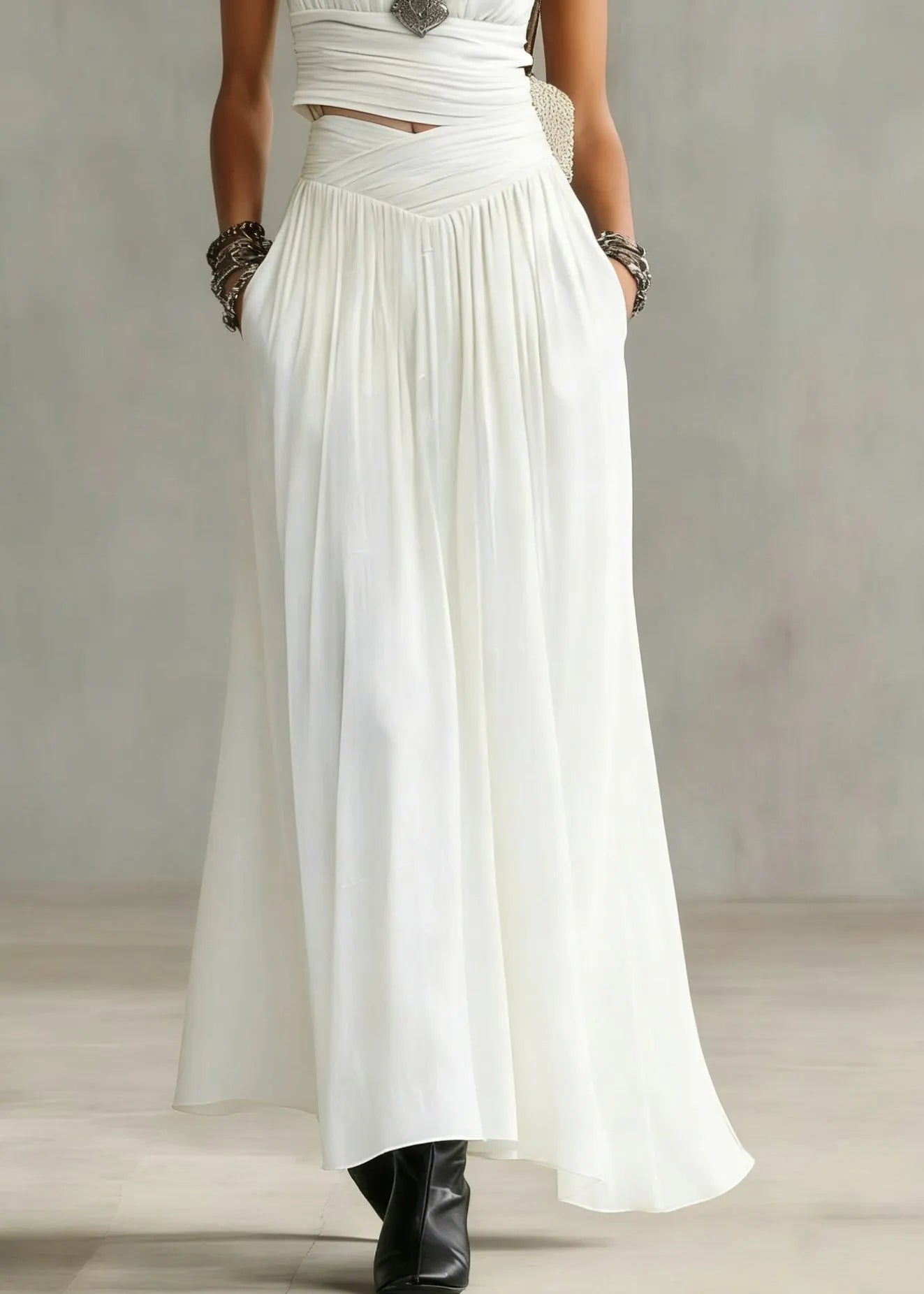 Natural White V Neck Wrinkled Top and Maxi Skirts Two Pieces Set Summer