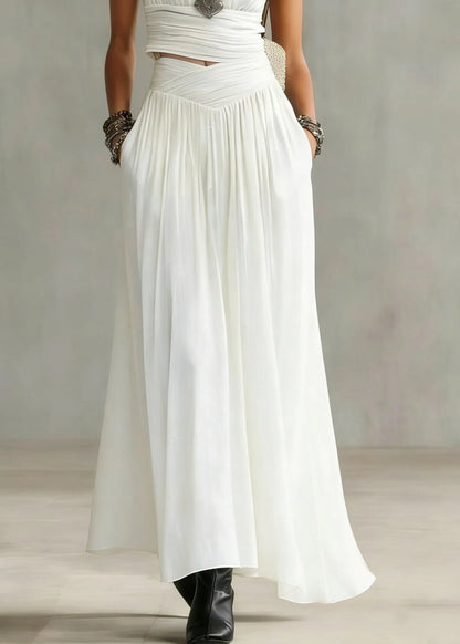 Natural White V Neck Wrinkled Top and Maxi Skirts Two Pieces Set Summer