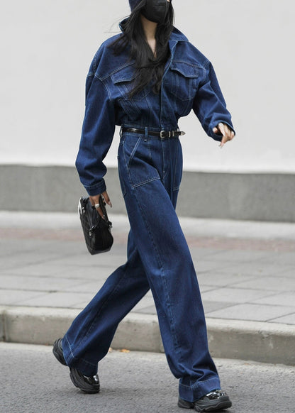Loose Blue Peter Pan Collar Pockets High Waist Denim Jumpsuits Fall