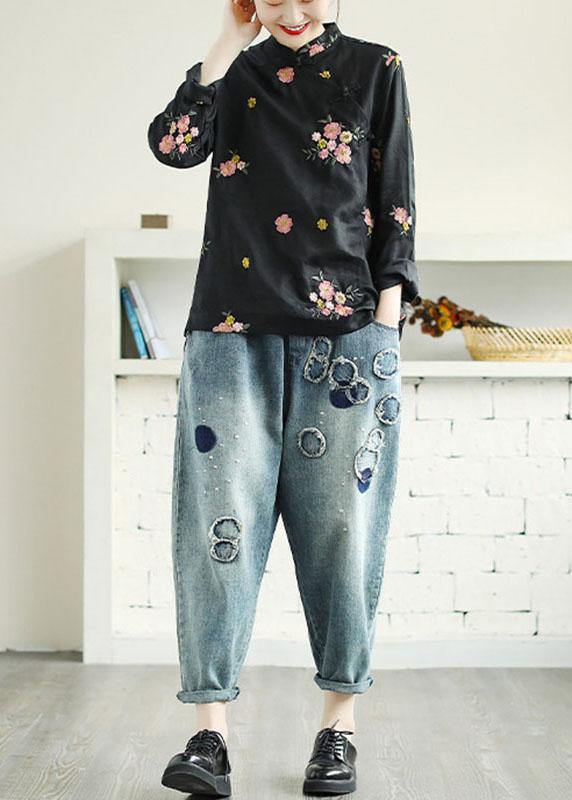 Black Embroideried Stand Collar Button Fall Long Sleeve Shirt