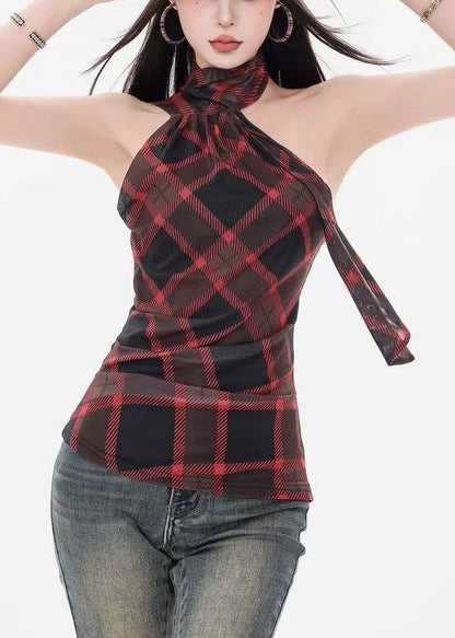 Red Plaid Slim Fit Cotton Tank Cold Shoulder Sleeveless