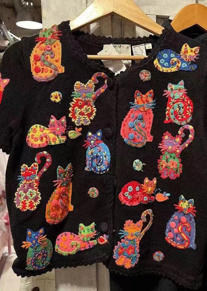Black Cartoon Embroideried Knit Shirt Top Short Sleeve