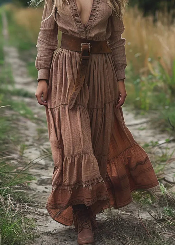 V Neck Wrinkled Patchwork Cotton Long Dress Spring
