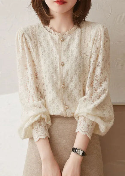 Beige Hollow Out Button Lace Patchwork Tops Lantern Sleeve