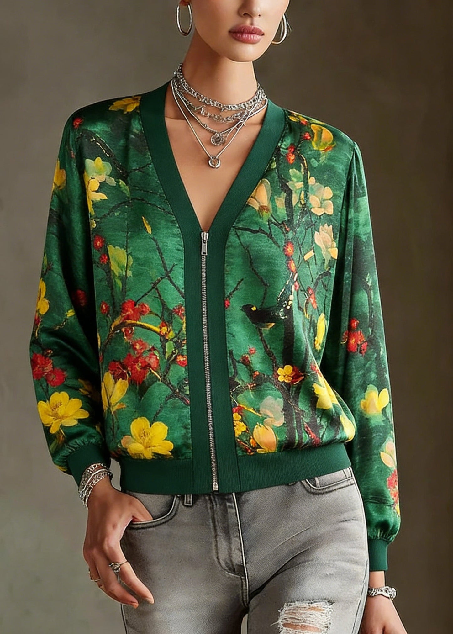 Green O-neck Print Zip Up Silk Coats Long Sleeve