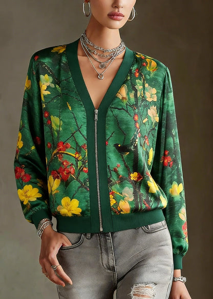 Green O-neck Print Zip Up Silk Coats Long Sleeve