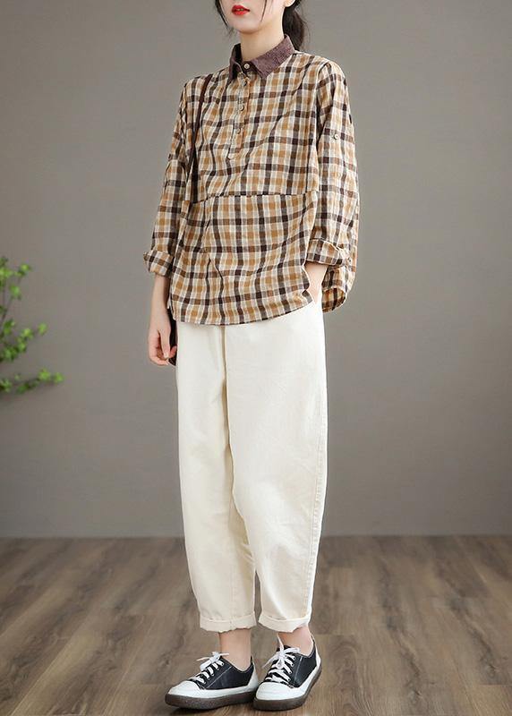 Lapel Patchwork Spring Shirts Fabrics Lighe Orange Plaid Blouses