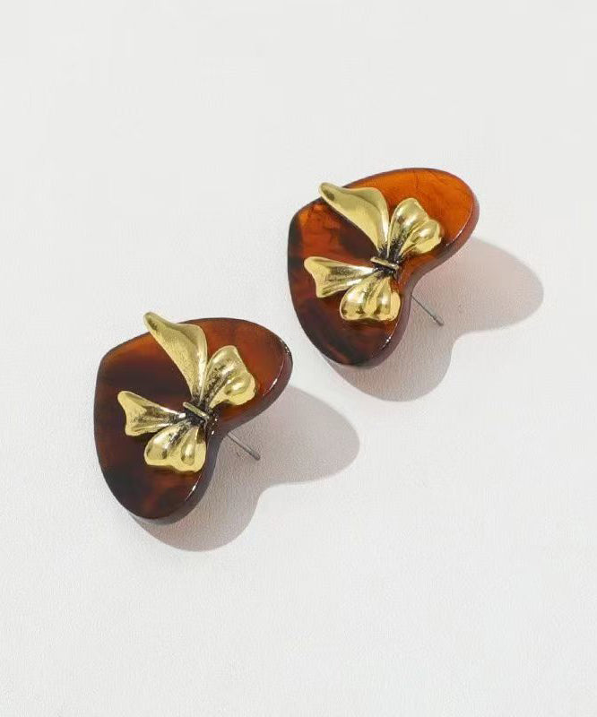 New Brown Sterling Silver Inlaid Love Acrylic Bow Stud Earrings