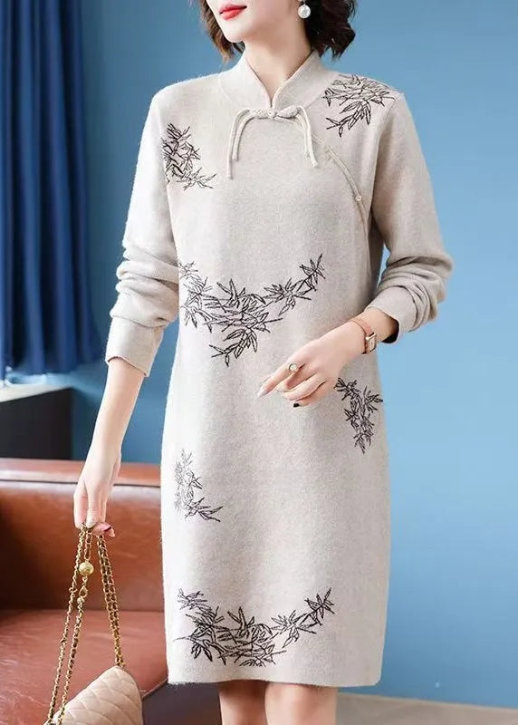 Stylish Apricot Stand Collar Button Cotton Knit Long Sweaters Dress Fall
