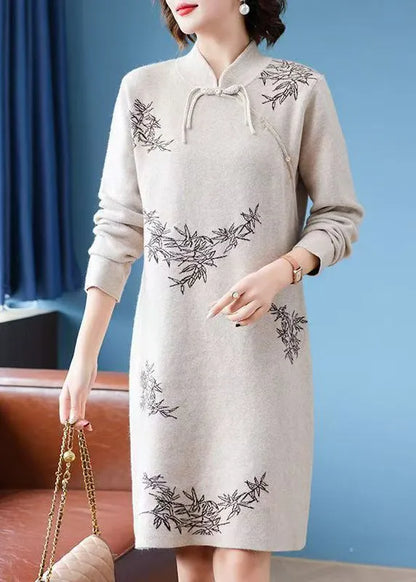 Stylish Apricot Stand Collar Button Cotton Knit Long Sweaters Dress Fall