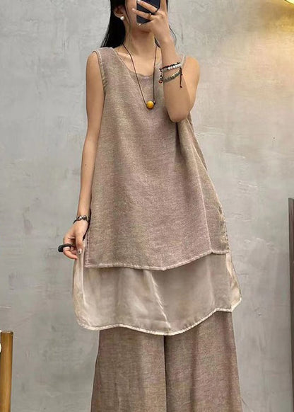 Coffee O Neck Patchwork Cotton Tops Sleeveless