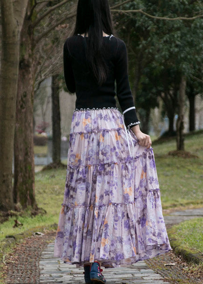 Purple Wrinkled Print Patchwork Cotton Skirts Summer