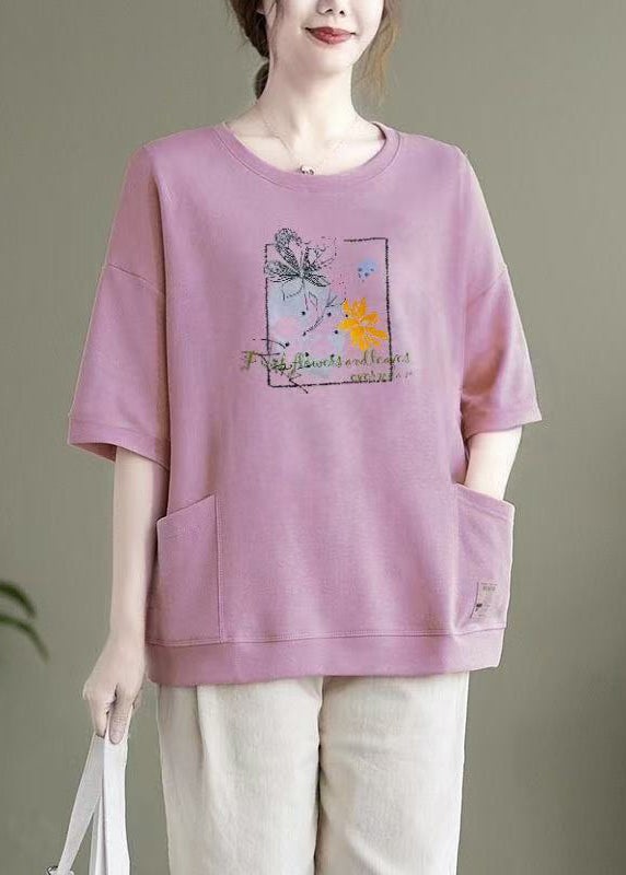 Light Purple O Neck Pockets Patchwork Cotton Top Summer