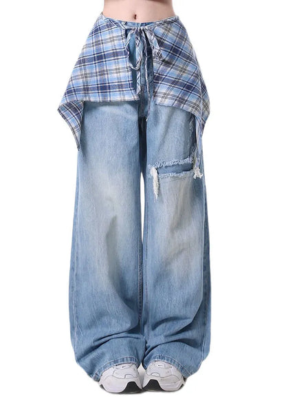 High Street Detachable Skirt Design Denim Wide Leg Pants Spring