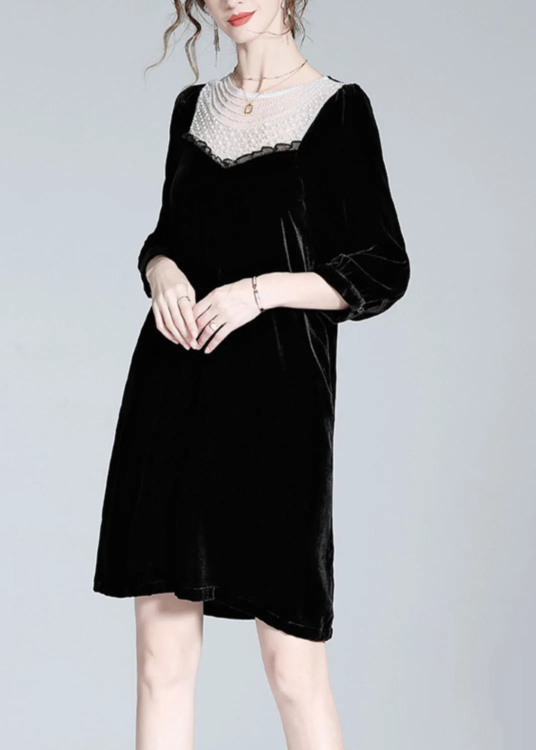 Fine Black O-neck Lace Patchwork Velour Mid Dress Spring