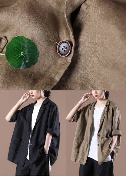 Black Pockets Linen Coat Peter Pan Collar Button Long Sleeve