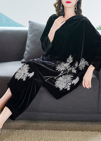 Black Embroideried Velour Top and Pants Two Pieces Set Fall