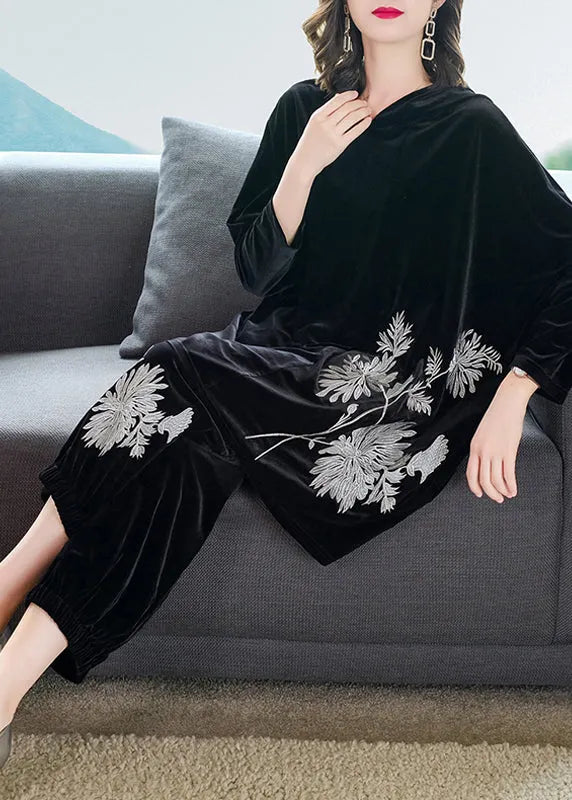 Black Embroideried Velour Top and Pants Two Pieces Set Fall