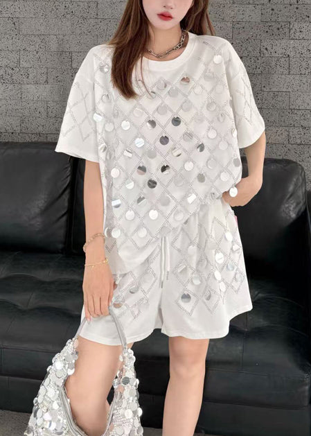 Organic White Sequins Cotton Two Piece Set Clothing Summer