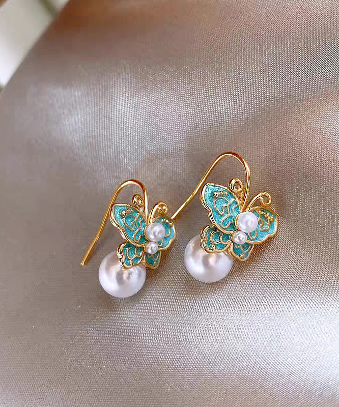 Blue Copper Alloy Enamel Butterfly Pearl Stud Earrings