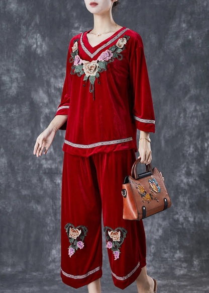 Boutique Mulberry Embroideried Silk Velour Two Piece Set Clothing Fall
