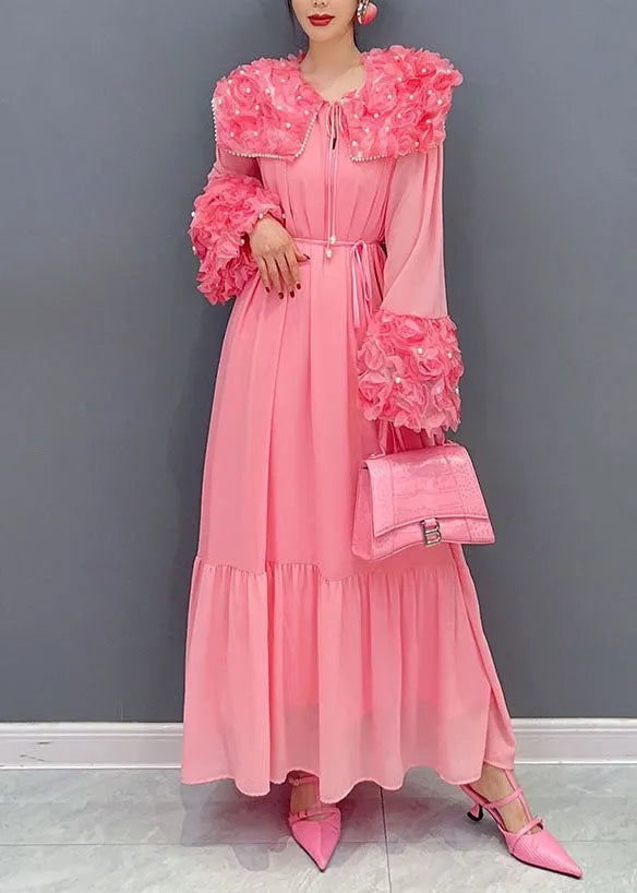 Pink Patchwork Cotton Dress Peter Pan Collar Nail Bead Spring