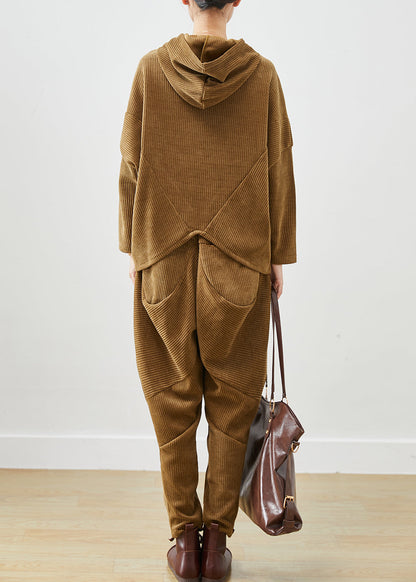 Khaki Hooded Patchwork Corduroy Two Pieces Set Batwing Sleeve