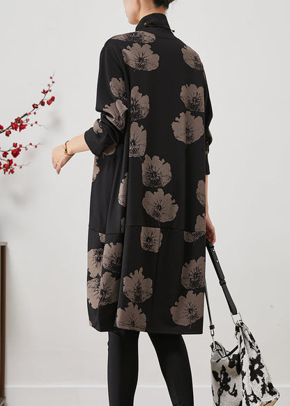 Black Turtle Neck Print Cotton Dresses Fall