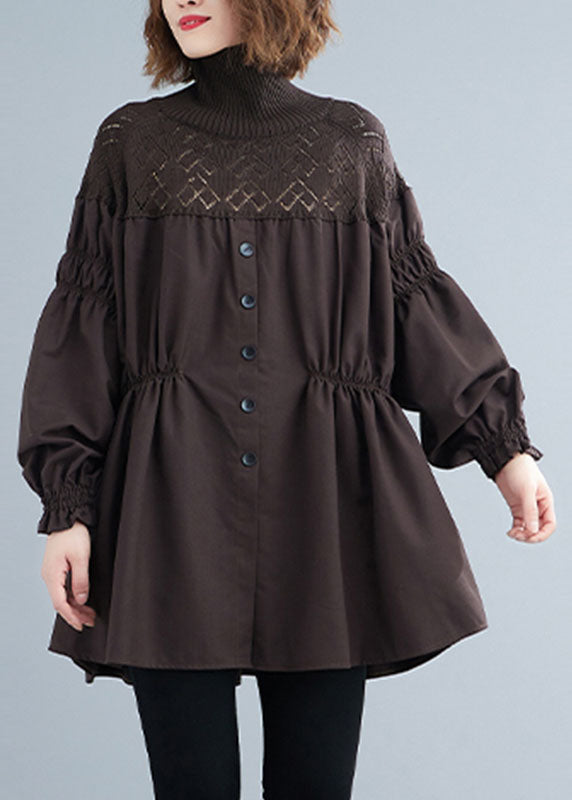 Chocolate Button Patchwork Lantern Sleeve Knit Blouses