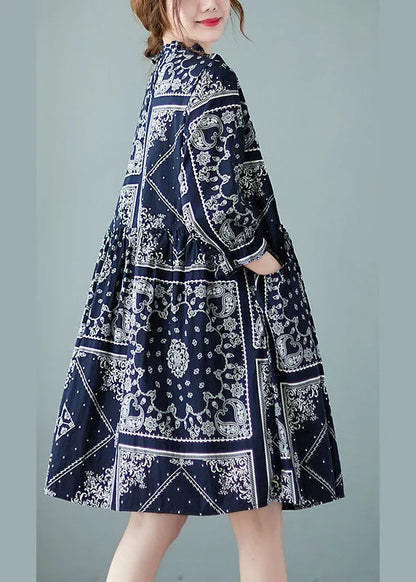 Navy O-neck Patchwork Print Fall Dress Half Sleeve