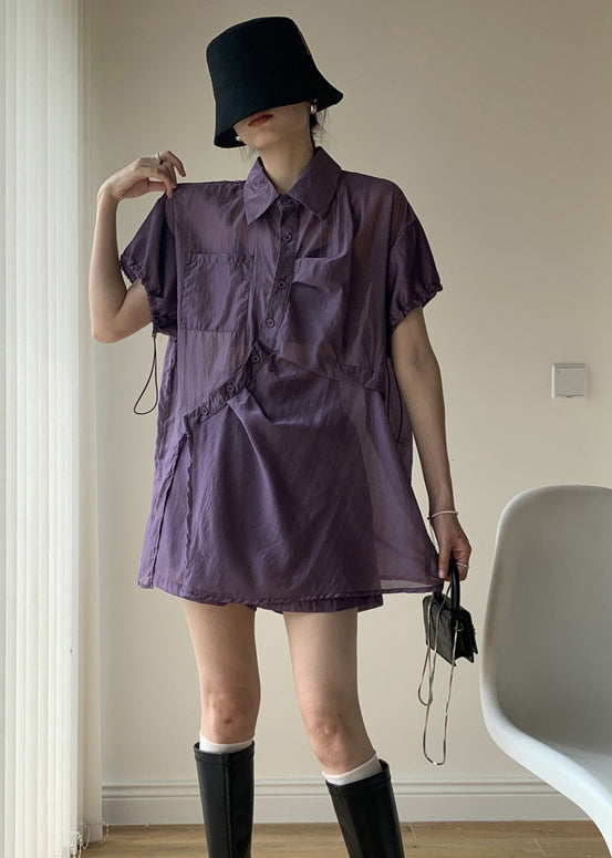 Purple Peter Pan Collar Button Patchwork Cotton Two Piece Suit Summer