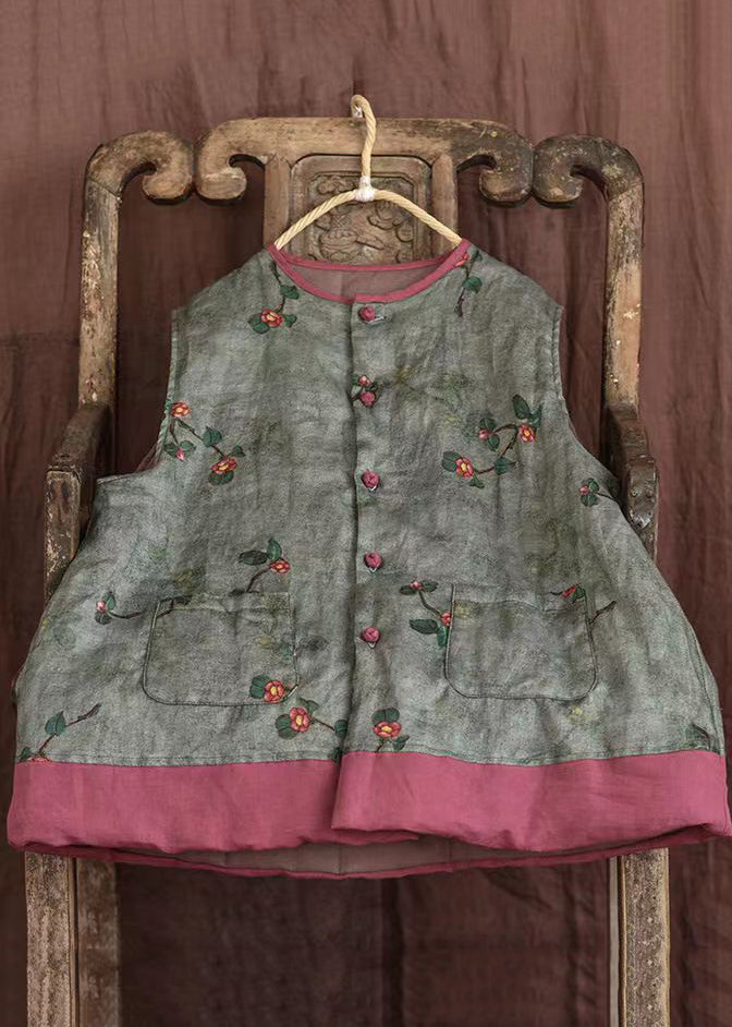 Purple O-neck Print Pockets Fine Cotton Filled Vest Sleeveless