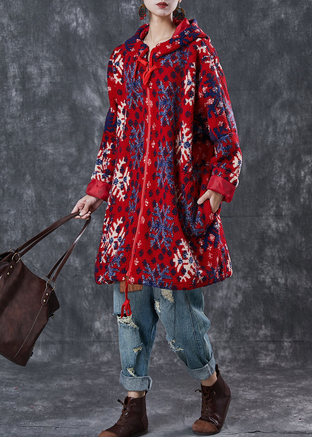 Red Oversized Print Faux Fur Teddy Coats Winter