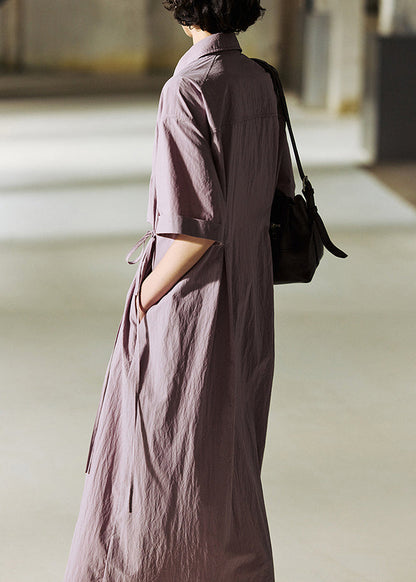 Loose Purple Peter Pan Collar Lace Up Cotton Long Dresses Summer