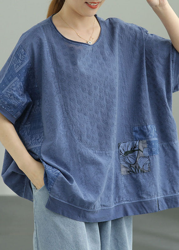 Natural Blue Loose O-neck Print Fall Tee Half Sleeve