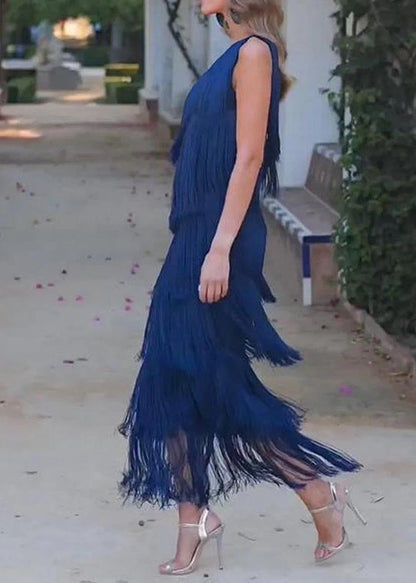 Purple One Shoulder Tasseled Dresses Sleeveless