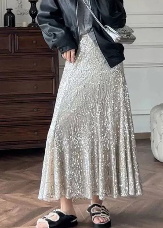 French Silver High Waist Sequins Maxi Skirts Summer