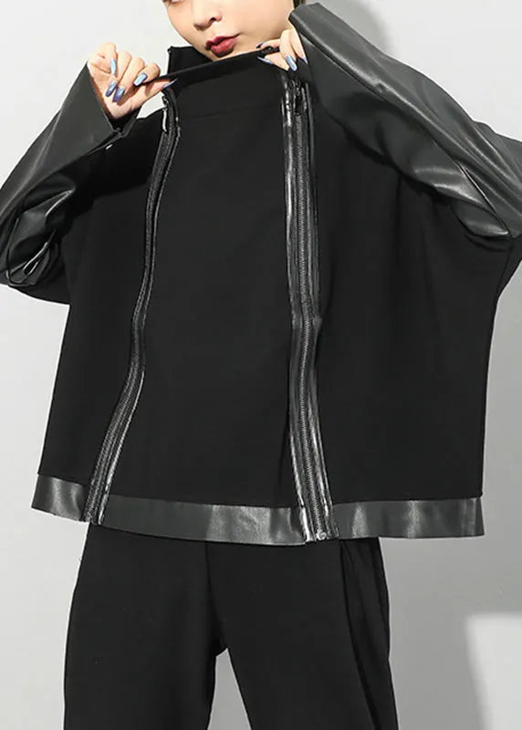 Black Stand Collar Zip Up Faux Leather Patchwork Coat Long Sleeve