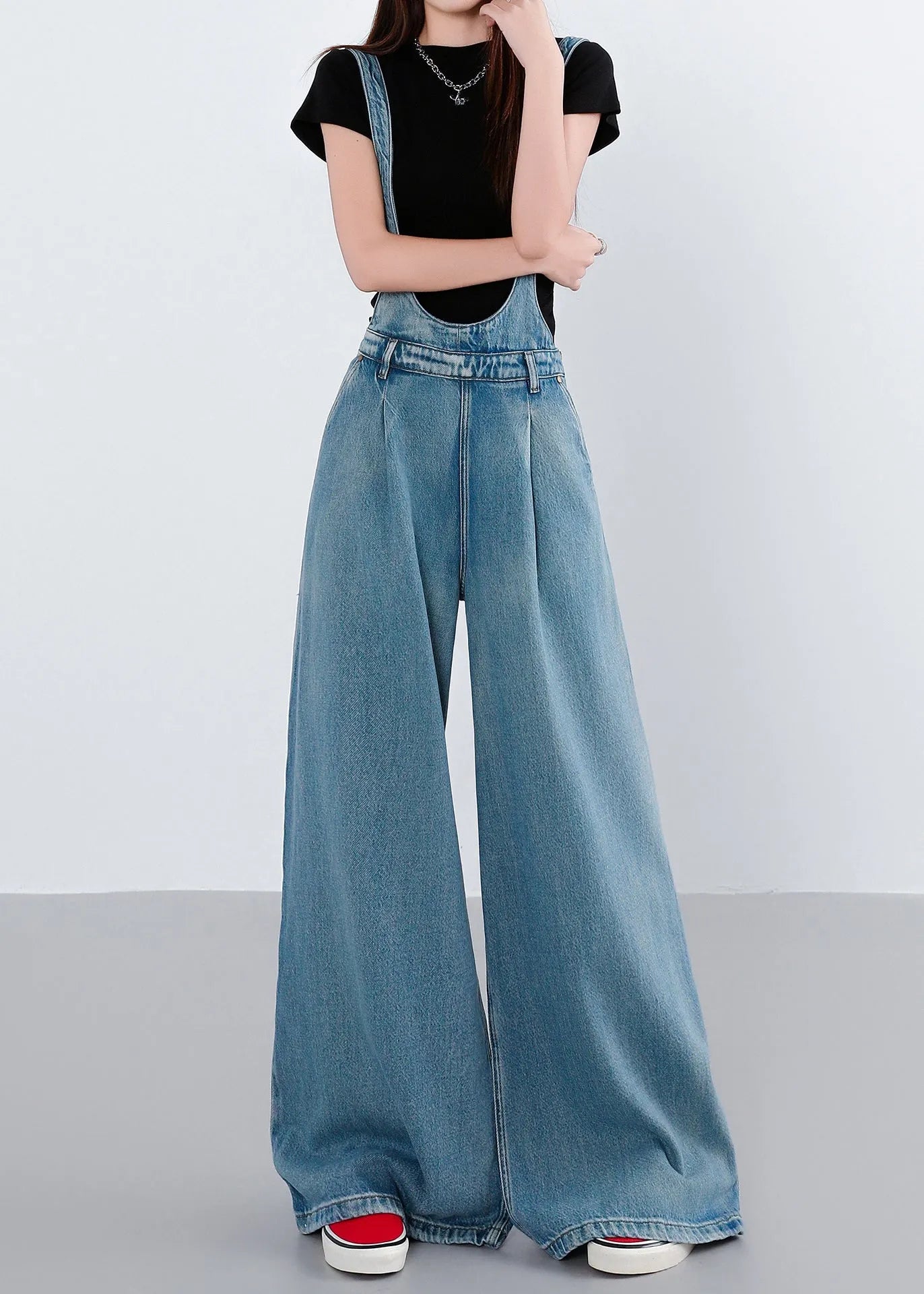 Blue Pockets Patchwork Denim Wide Leg Jumpsuit Fall
