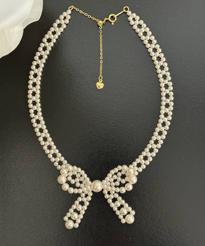 French Pearl Bow Sweater Necklace and Bracelet Set