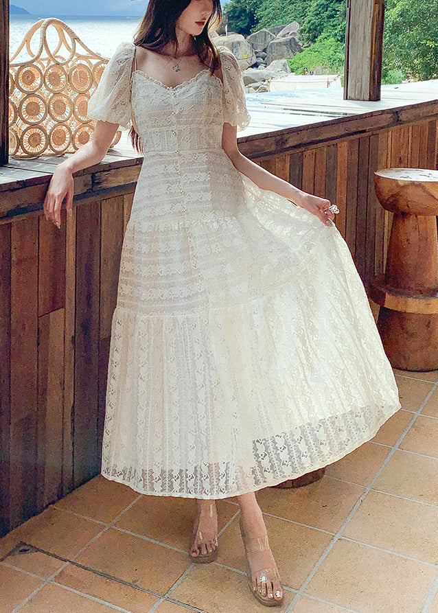 Stylish White V Neck High Waist Lace Two-piece Set Summer