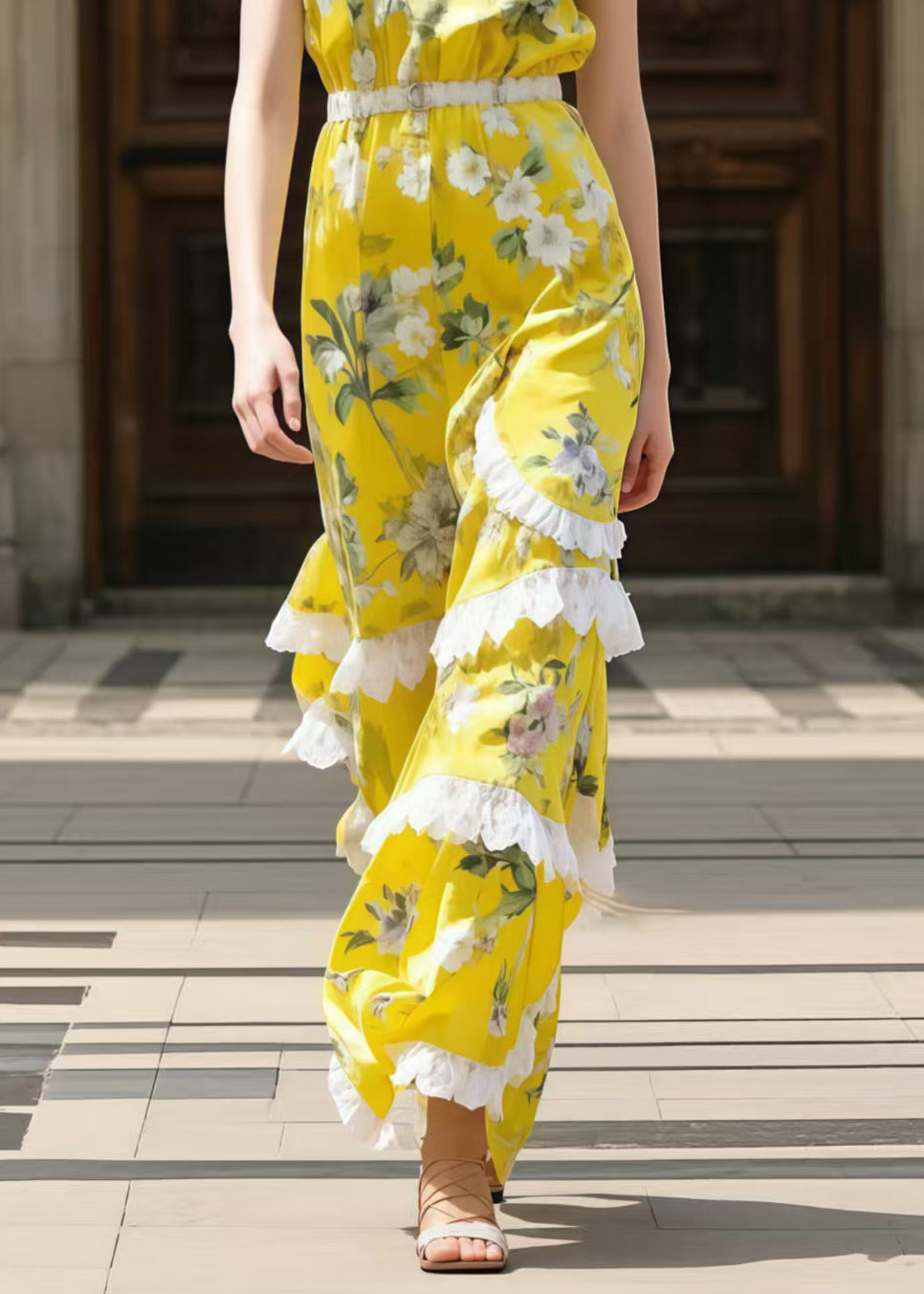 Yellow Print Patchwork Ruffled Chiffon Tunic Dress Sleeveless