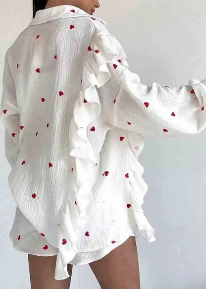 Italian White Ruffled Love Print Cotton Pajamas Two Pieces Set Summer